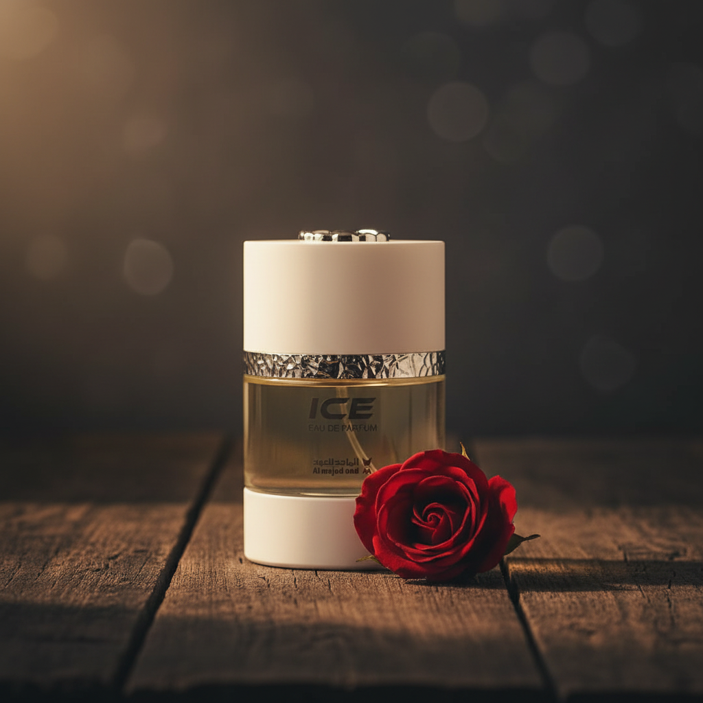 Ice EDP by Al Majed Oud — lifestyle shot with single rose on dark wood