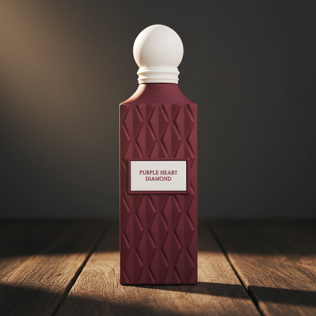 Purple Heart Diamond perfume bottle centered on dark wood, charcoal background, warm directional light