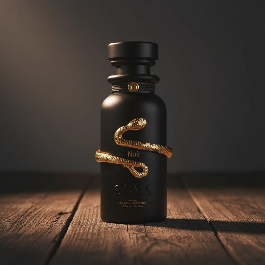 Noir by OSMA perfume bottle hero front shot on dark wood surface