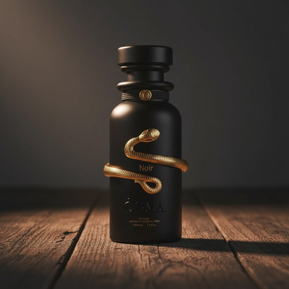 Noir by OSMA perfume bottle hero front shot on dark wood surface