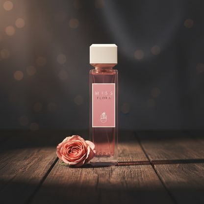 Miss Flora perfume bottle lifestyle shot with rose prop on dark wood surface