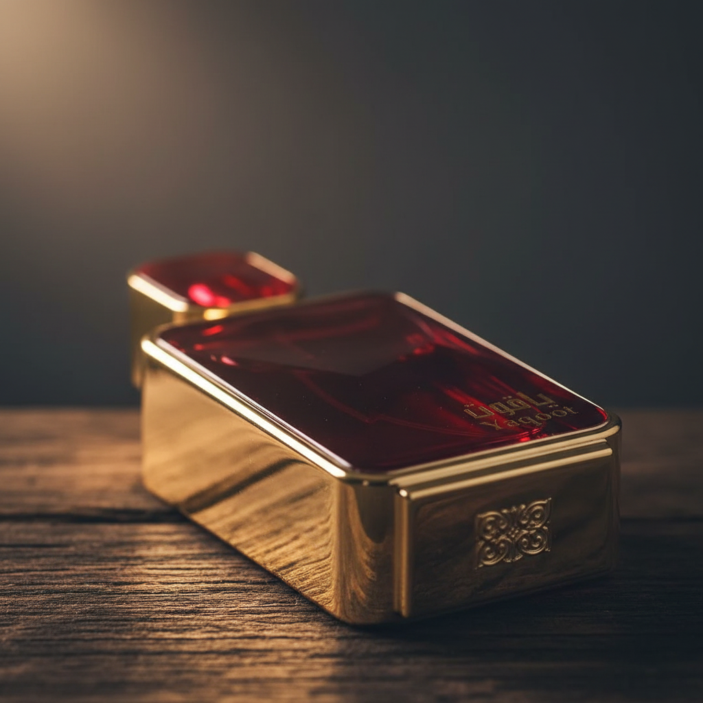 Yaqoot perfume bottle close-up detail of gold accents and ruby glass