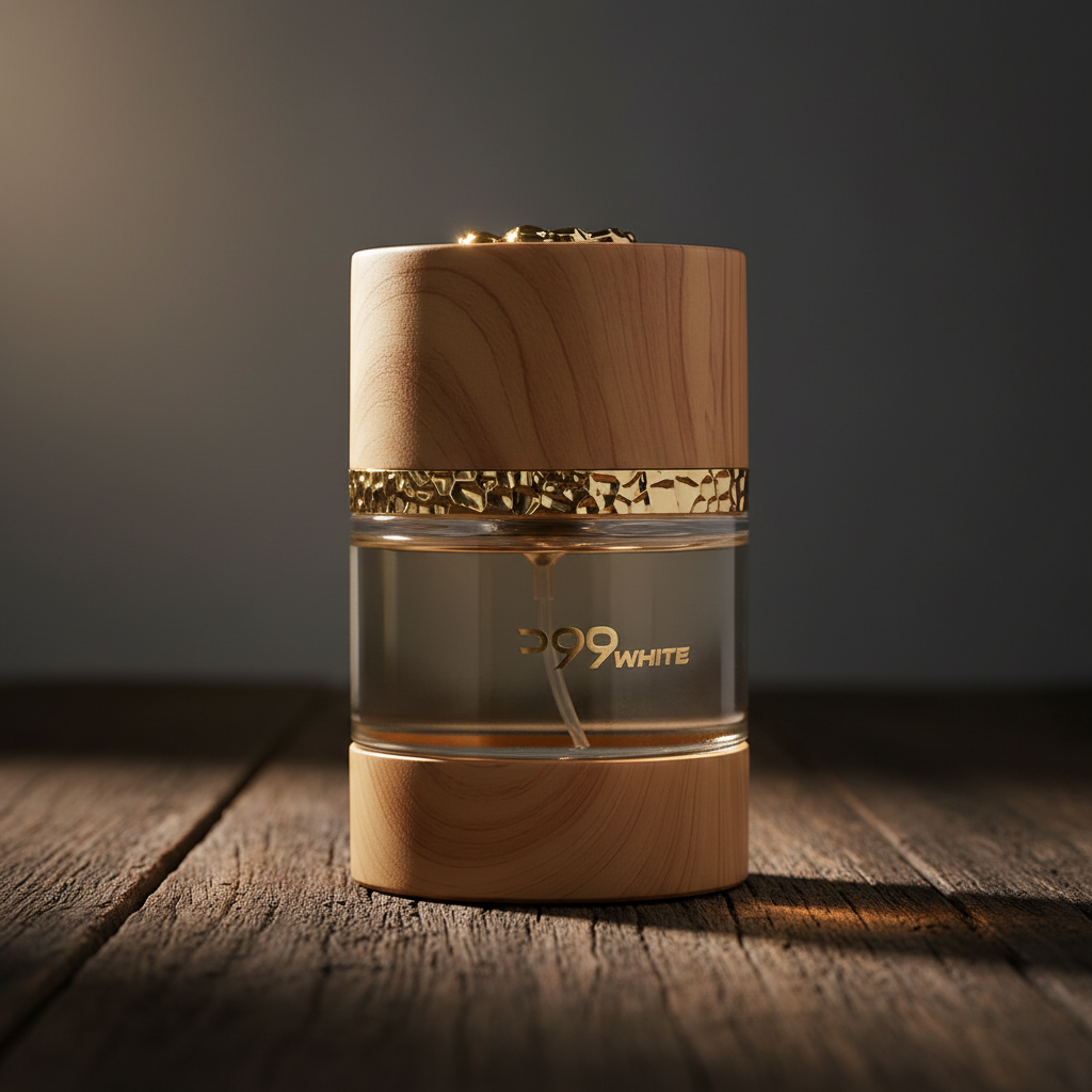 D99 White Eau de Parfum three-quarter front angle on dark wood surface