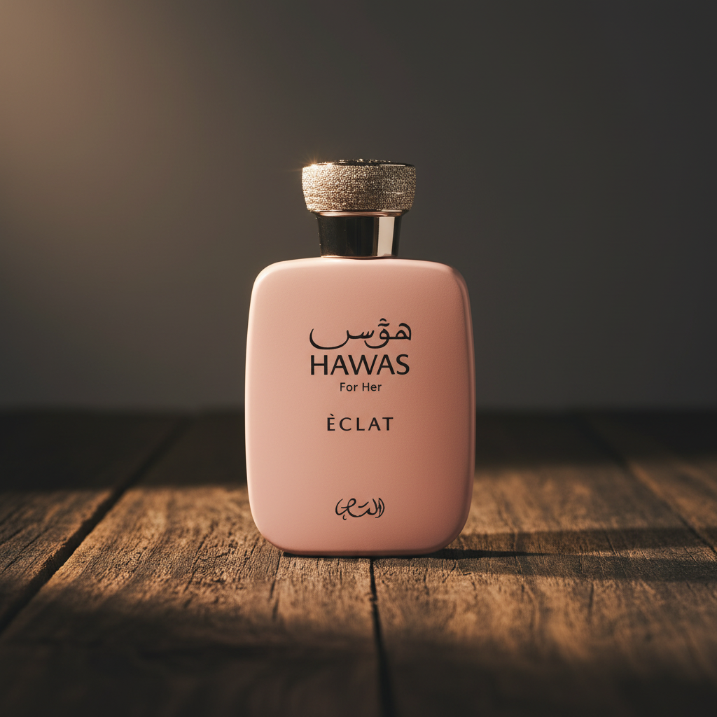 Hawas For Her Éclat luxury perfume bottle hero front shot on dark wood