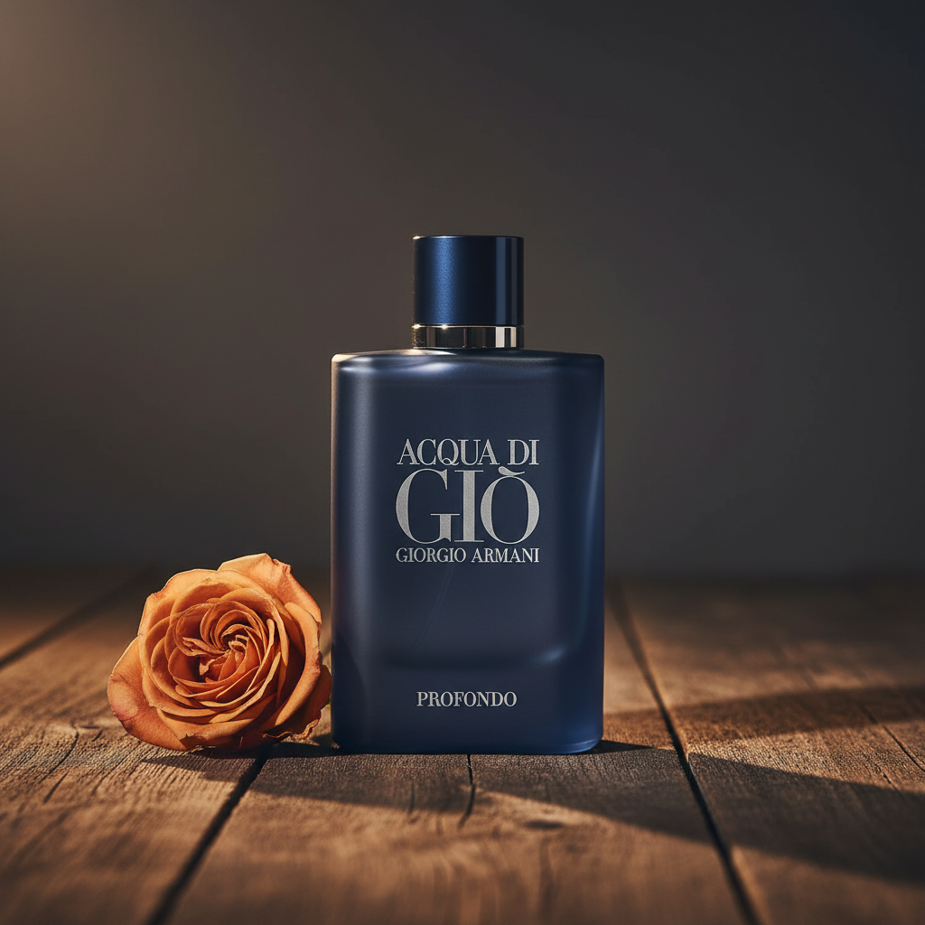 Giorgio Armani Acqua Di Giò Profondo EDP – lifestyle shot with single rose bloom at base, warm luxury mood