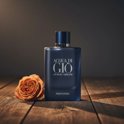 Giorgio Armani Acqua Di Giò Profondo EDP – lifestyle shot with single rose bloom at base, warm luxury mood