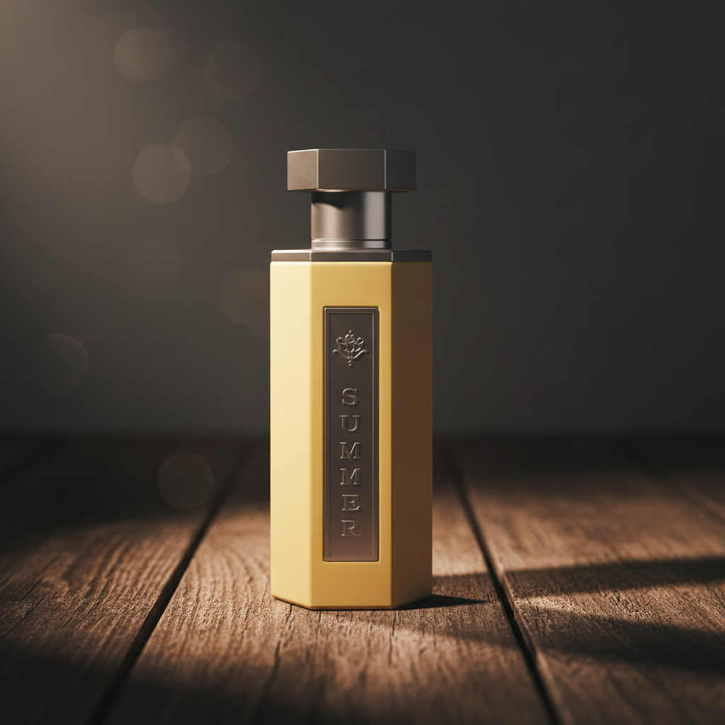 REEF Summer luxury perfume bottle hero front shot on dark wood