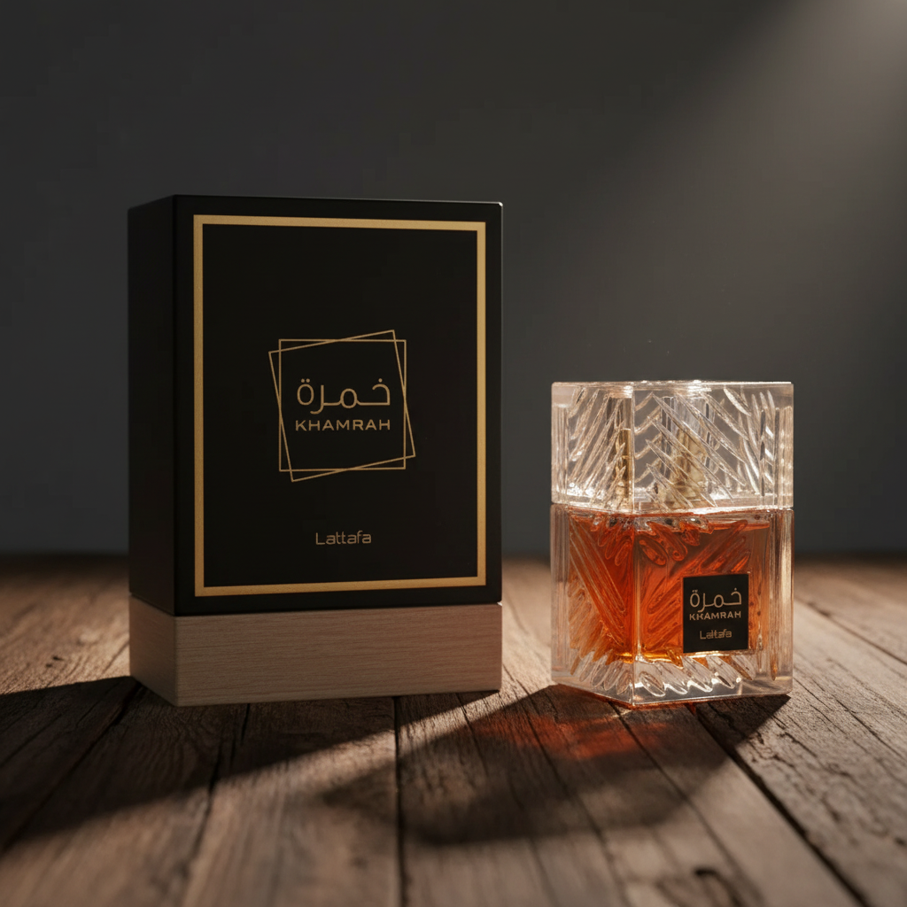 Khamrah by Lattafa perfume bottle with black and gold box packaging