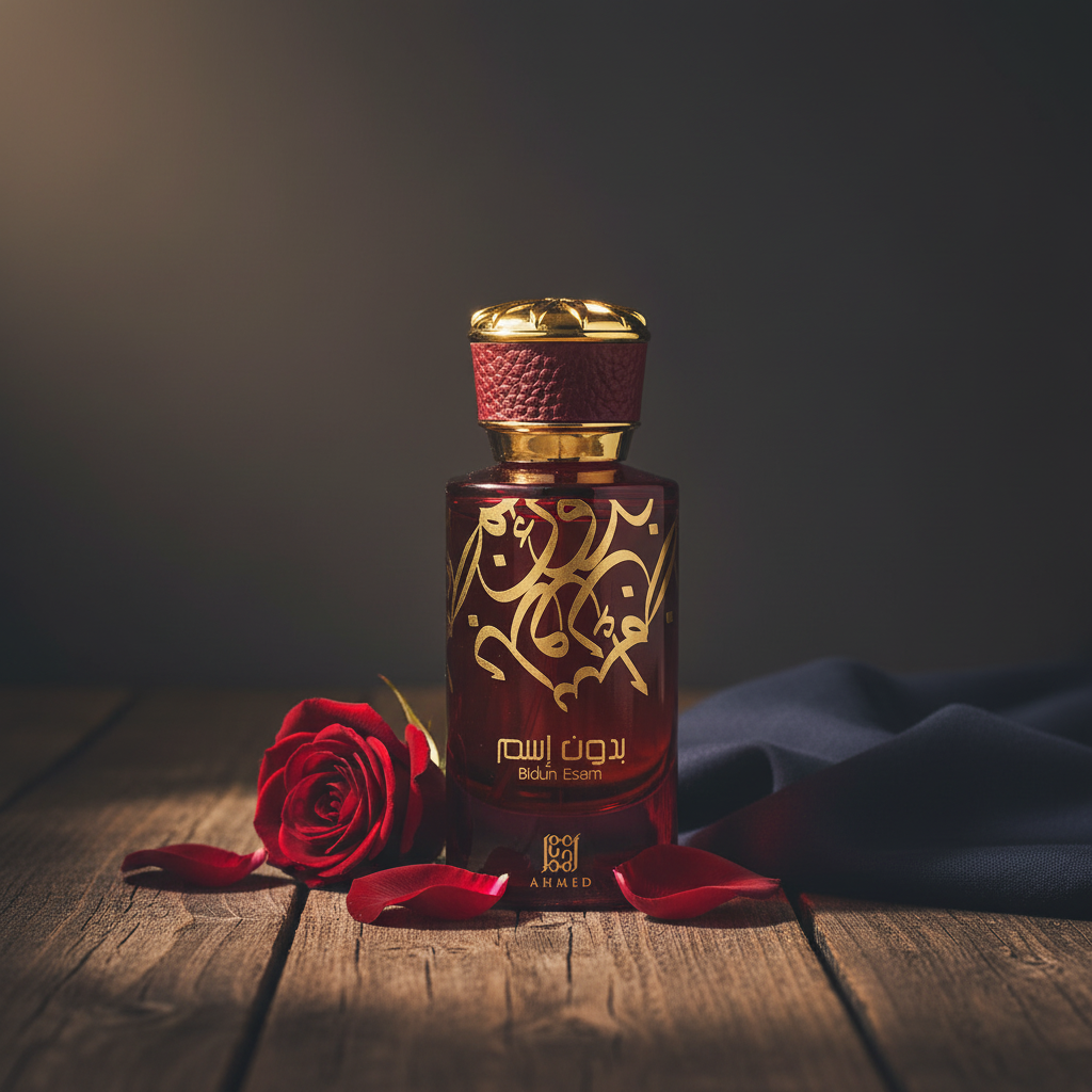Bidun Esam perfume bottle lifestyle shot with rose and draped fabric props