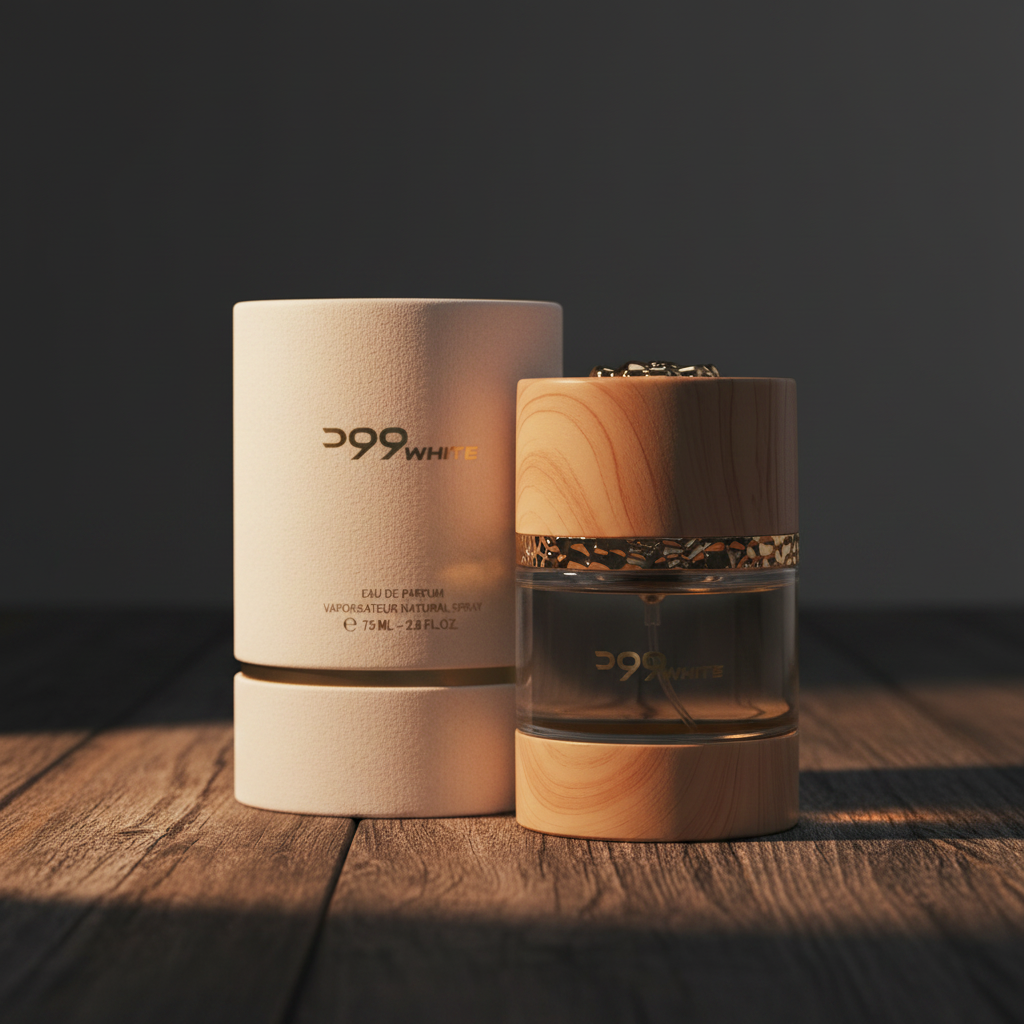 D99 White Eau de Parfum box and bottle packaging shot