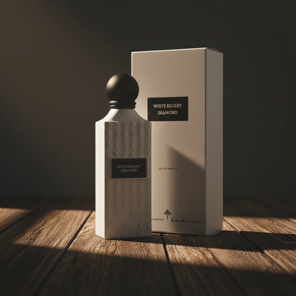White Regent Diamond perfume bottle with silver box packaging on dark wood surface