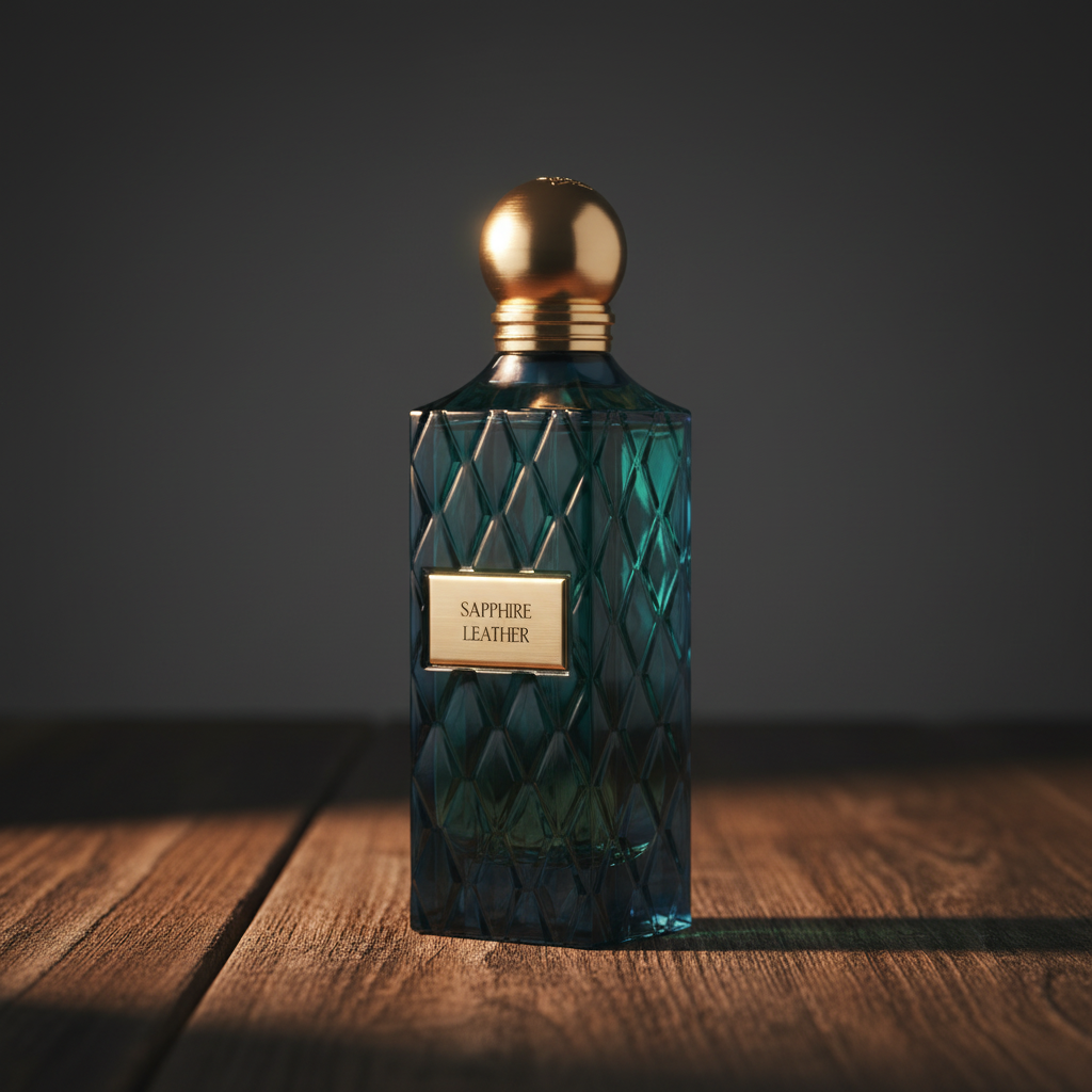 Sapphire Leather by IBRAQ — Three-quarter front angle, dark moody studio