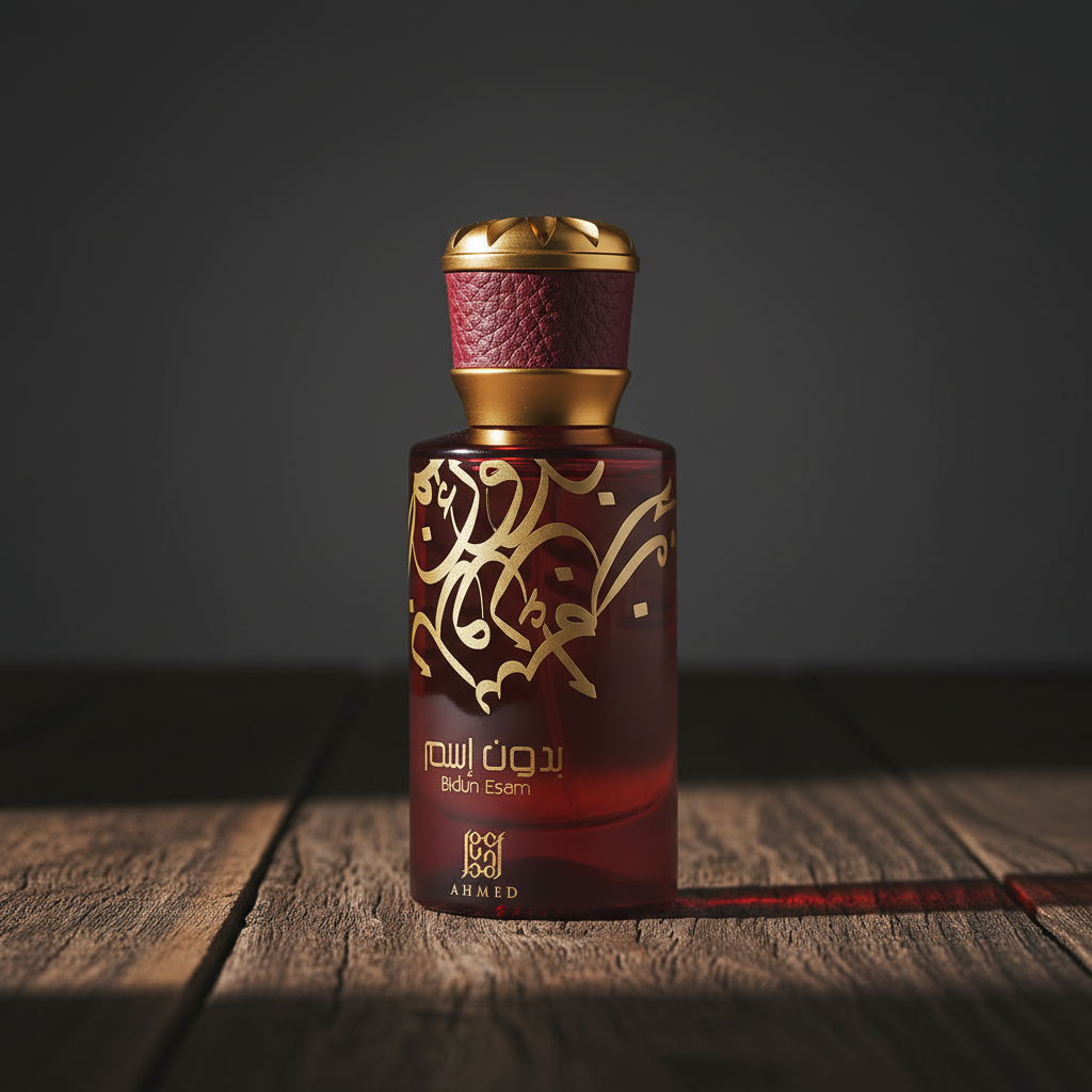 Bidun Esam perfume bottle three-quarter angle on dark wood surface