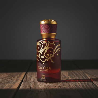 Bidun Esam perfume bottle three-quarter angle on dark wood surface