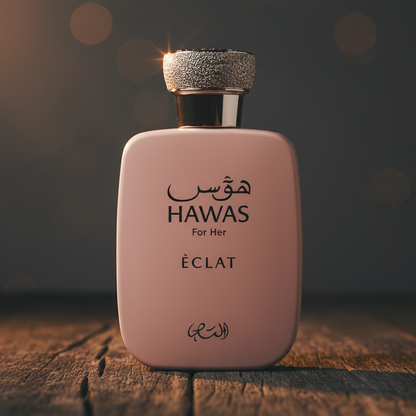 Hawas For Her Éclat perfume bottle close-up cap and label detail