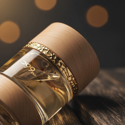 D99 White Eau de Parfum close-up detail of gold collar and wood cap