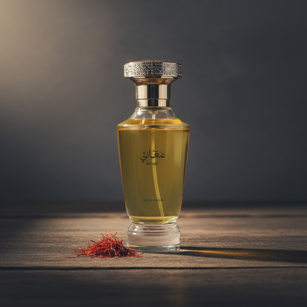 Ma'any EAU DE PARFUM — Lifestyle shot with raw saffron threads at base