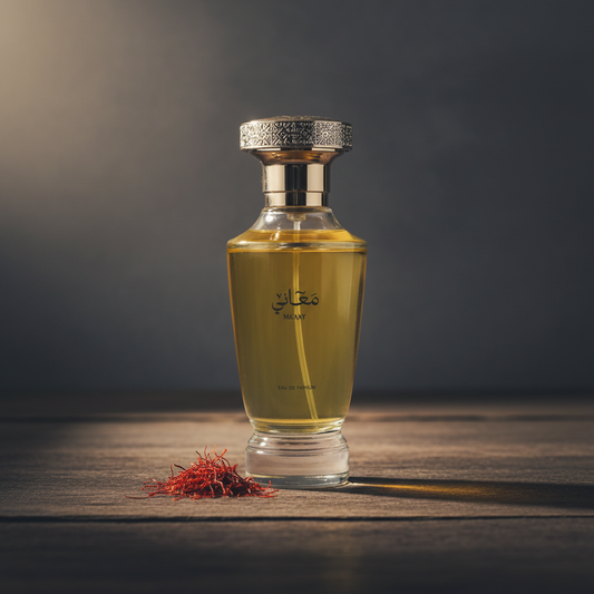 Ma'any EAU DE PARFUM — Lifestyle shot with raw saffron threads at base