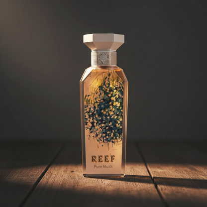 Reef Pure Musk perfume bottle centered on dark weathered wood, charcoal background, warm directional light