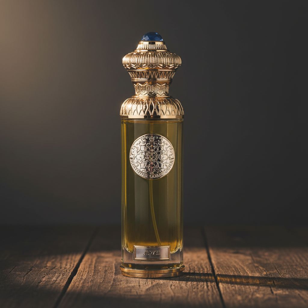 JEWEL perfume bottle hero front shot on dark wood surface