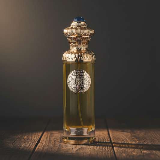 JEWEL perfume bottle hero front shot on dark wood surface