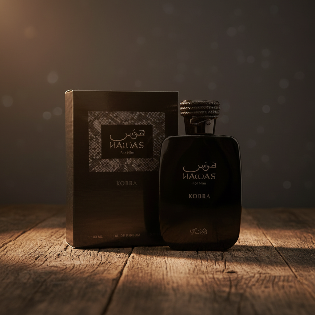 Hawas Kobra by Rasasi – Box Packaging Shot, bottle and box