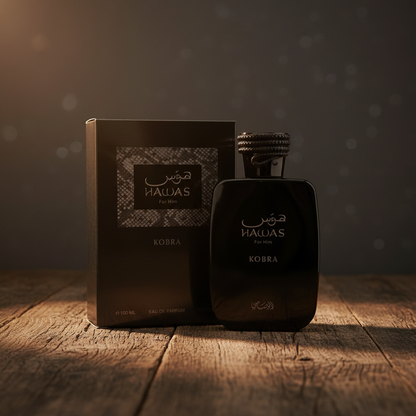 Hawas Kobra by Rasasi – Box Packaging Shot, bottle and box