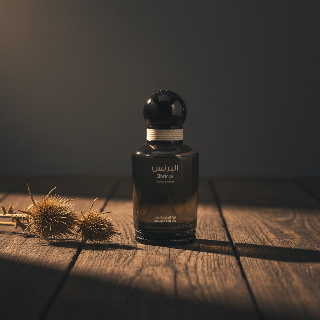 Elbrince Eau de Parfum lifestyle shot with dried botanical stems on dark wood