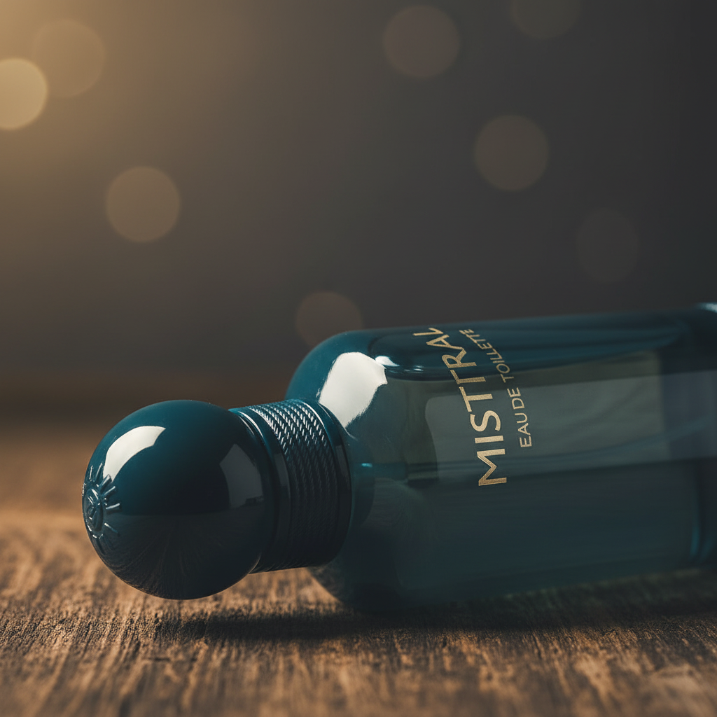 Mistral EAU DE TOILETTE by Al Majed Oud — Close-up detail of spherical cap and silver label