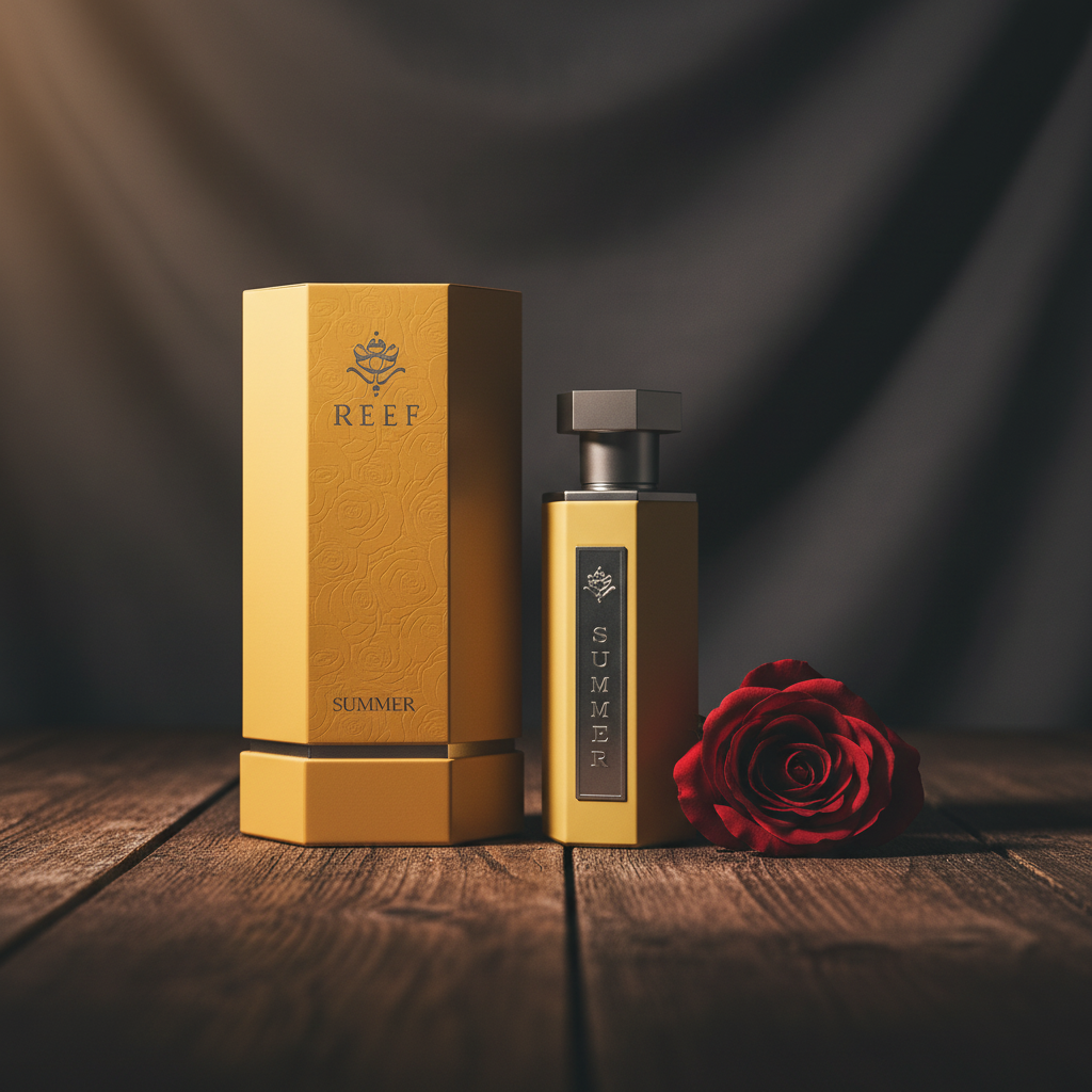 REEF Summer perfume bottle lifestyle shot with rose on dark wood