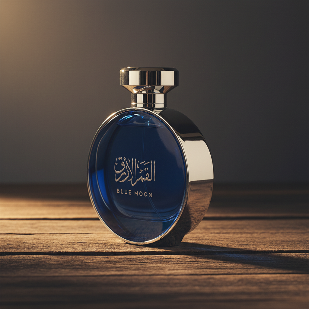 Arabian Oud Blue Moon perfume bottle three-quarter front angle, dark moody studio