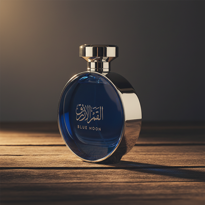 Arabian Oud Blue Moon perfume bottle three-quarter front angle, dark moody studio
