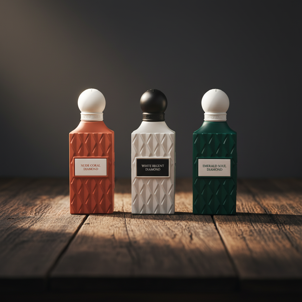 Diamond Collection three perfume bottles hero front shot on dark wood surface