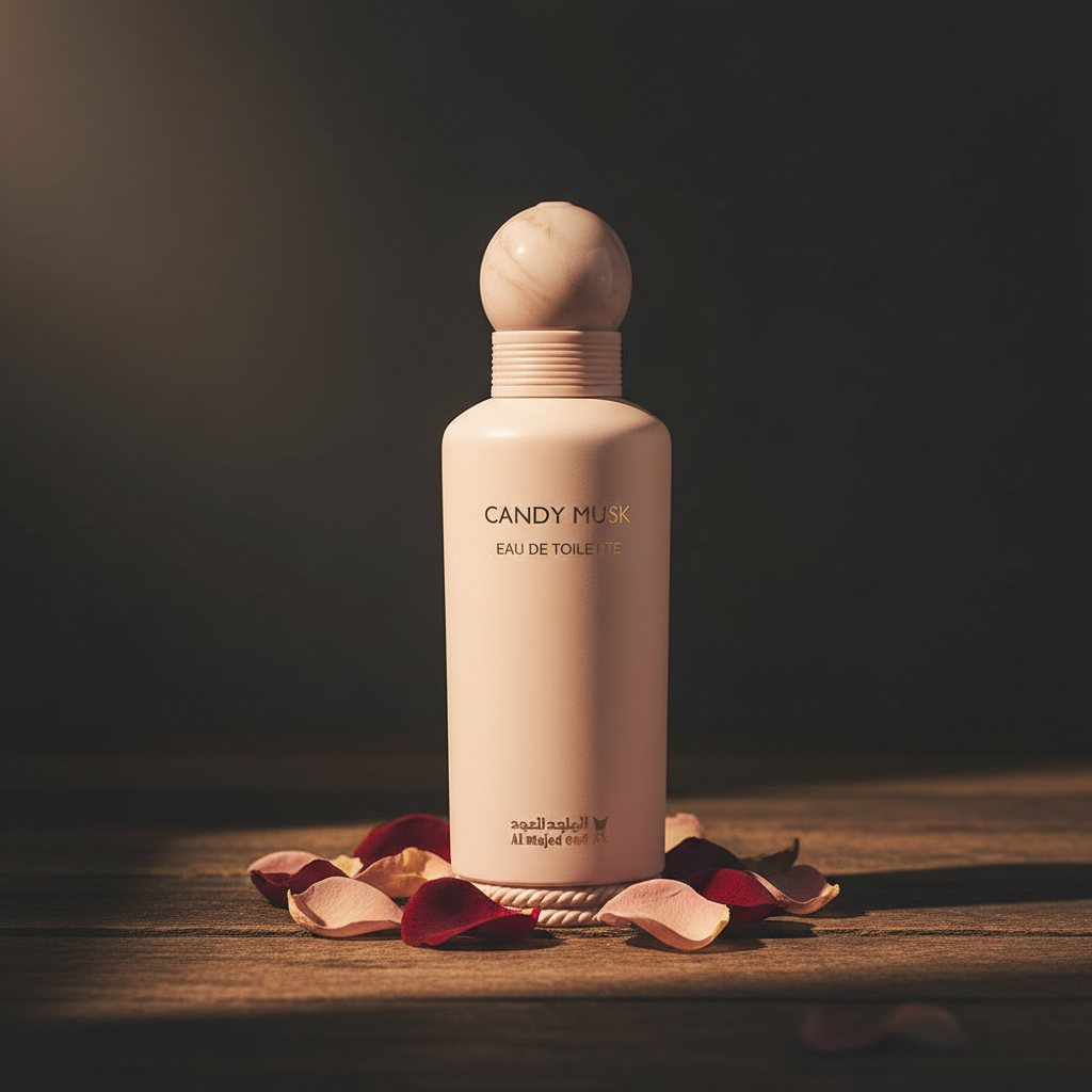 Candy Musk EAU DE TOILETTE by Al Majed Oud — Lifestyle shot with rose petals at base