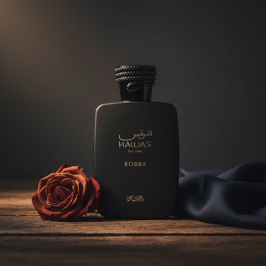 Hawas Kobra by Rasasi – Lifestyle Styled Shot, rose bloom prop, dark fabric