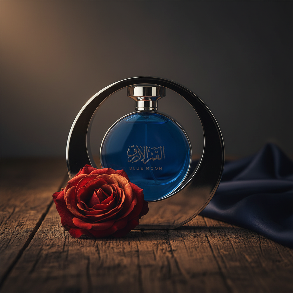 Arabian Oud Blue Moon perfume bottle lifestyle shot with single rose prop on dark wood