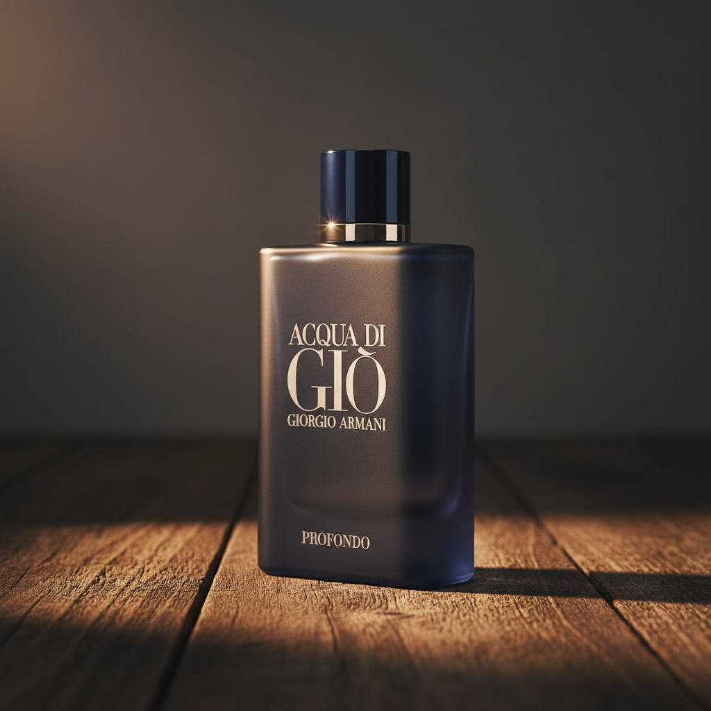 Giorgio Armani Acqua Di Giò Profondo EDP – three-quarter front angle on dark wood, warm amber studio lighting