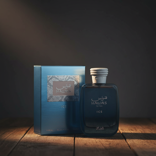 HAWAS ICE perfume bottle and box packaging shot