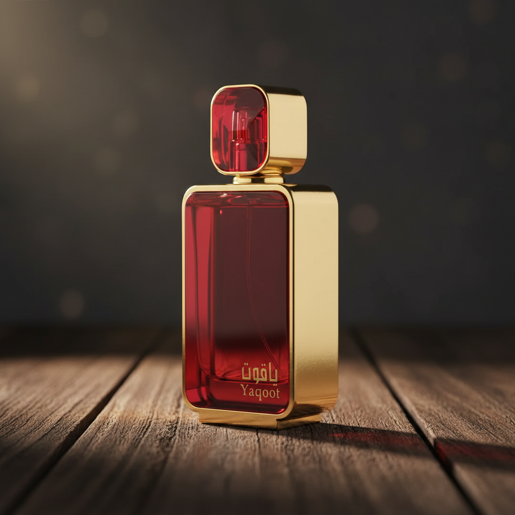 Yaqoot perfume bottle three-quarter front angle on dark wood