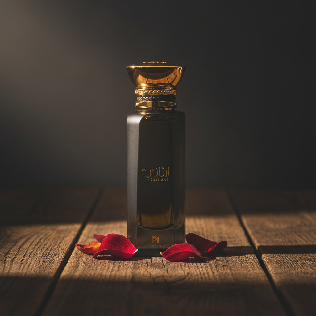 Laathani perfume bottle lifestyle shot with rose petals on dark wood