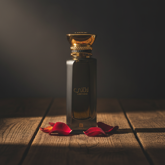 Laathani perfume bottle lifestyle shot with rose petals on dark wood