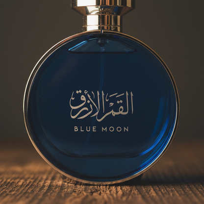 Arabian Oud Blue Moon perfume bottle close-up detail, Arabic calligraphy label