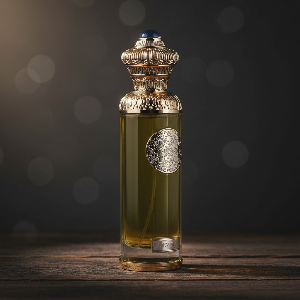 JEWEL perfume bottle three-quarter front angle on dark wood surface