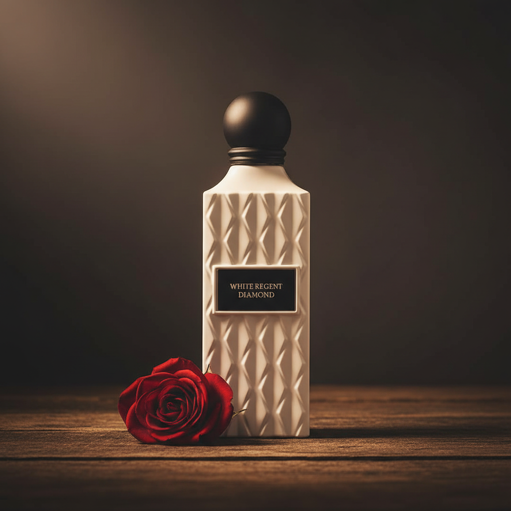 White Regent Diamond perfume bottle styled with single rose on dark weathered wood, warm amber lighting
