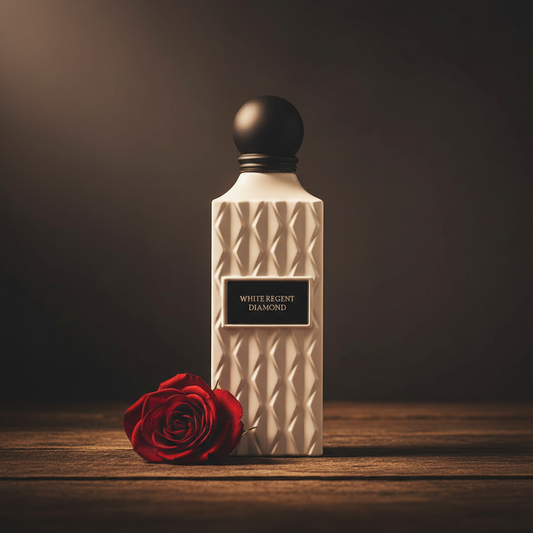 White Regent Diamond perfume bottle styled with single rose on dark weathered wood, warm amber lighting