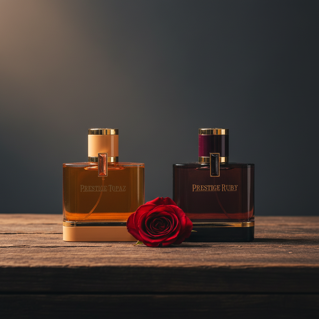 Prestige Ruby and Topaz perfume bottles lifestyle shot with rose