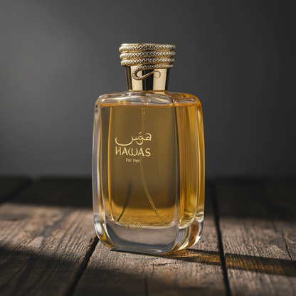 HAWAS For Her perfume bottle three-quarter angle on dark wood surface