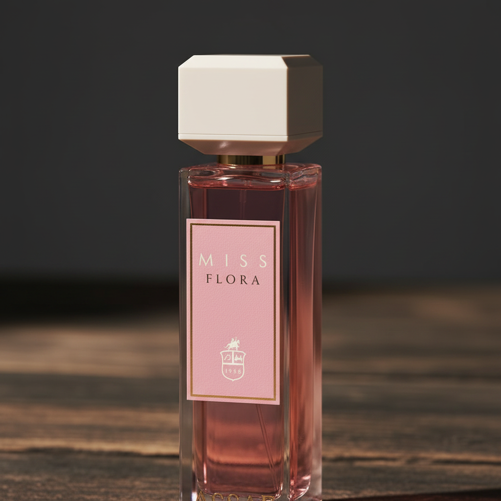 Miss Flora perfume bottle close-up label and cap detail