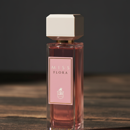 Miss Flora perfume bottle close-up label and cap detail