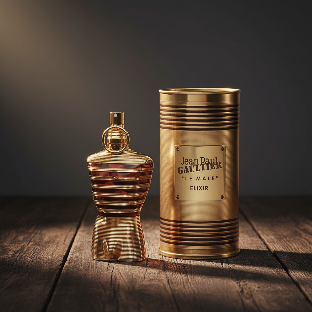 Jean Paul Gaultier Le Male Elixir perfume bottle with gold tin canister packaging